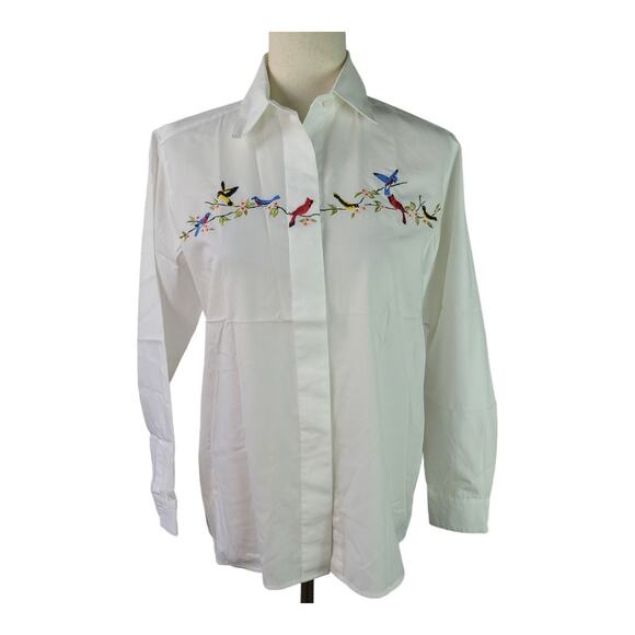 Orvis White Red Blue Embroidered Songbirds Hidden Button Down Top Shirt Blouse M - Picture 1 of 3